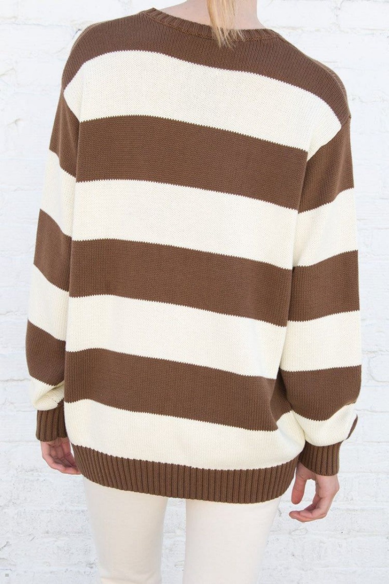 Chandail Brandy Melville Brianna Coton Thick Stripe Marron Blanche | PAL-07859602